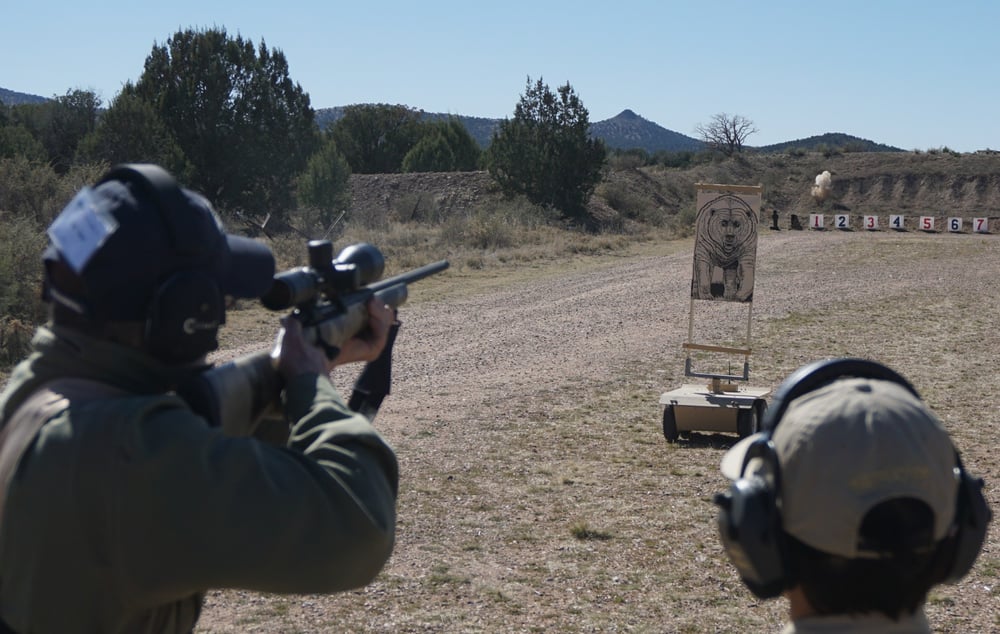 Outdoor writer Bob Robb gets back on target after a successful first hit at the charging grizzly target.